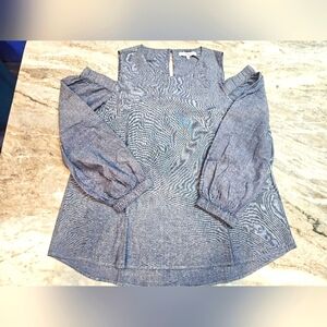 RO & DE Blue Chambray Blouse M Puff Sleeve Cotton Long Sleeve Top